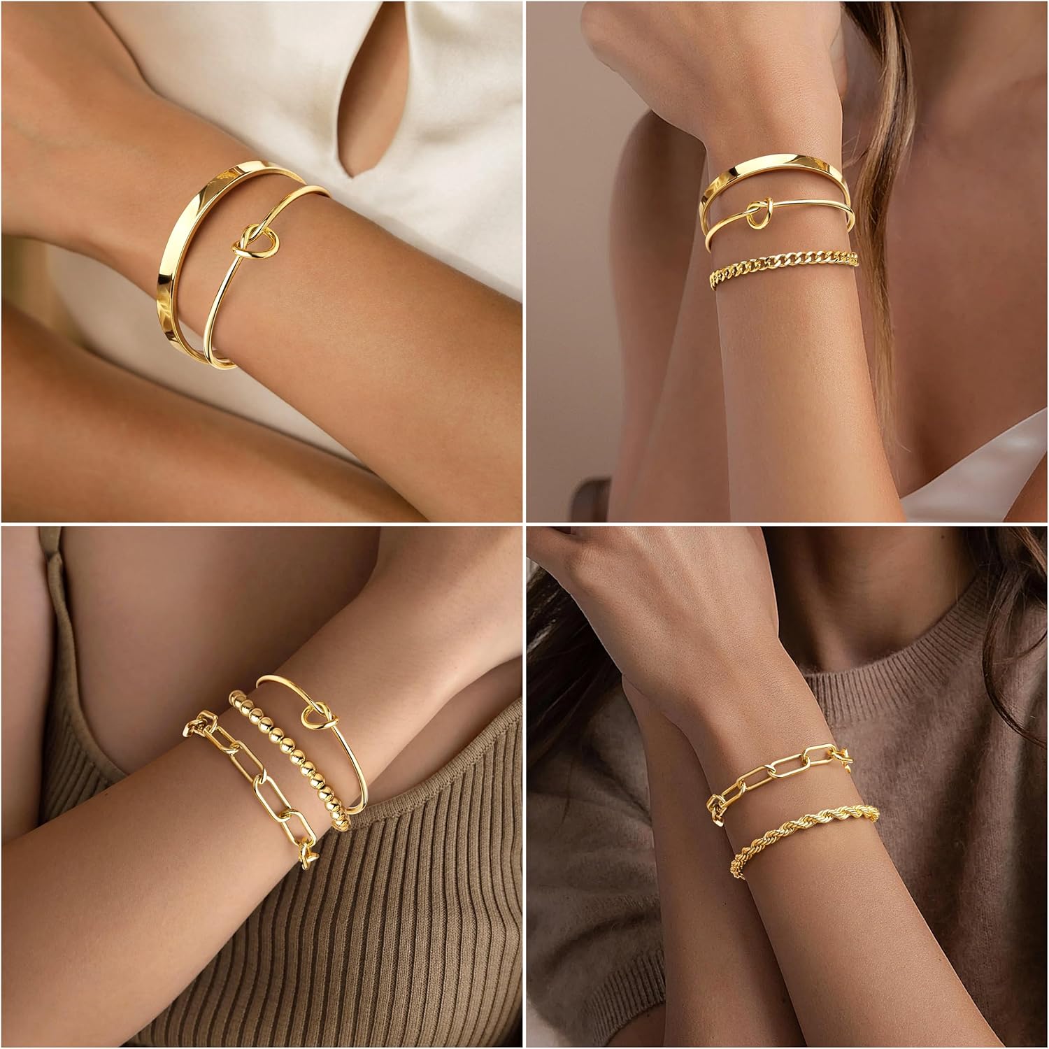 Gold Bracelets Set for Women Non Tarnish, 14K Gold Plated Sterling Silver Chunky Cuff Bracelet Stackable Gold Bangles Bracelet for Women Trendy Fashion Accessories Tie Knot Cuban Rope Paperclip Beaded Bracelet Stack Jewelry Valentines Day Gifts - Image 4
