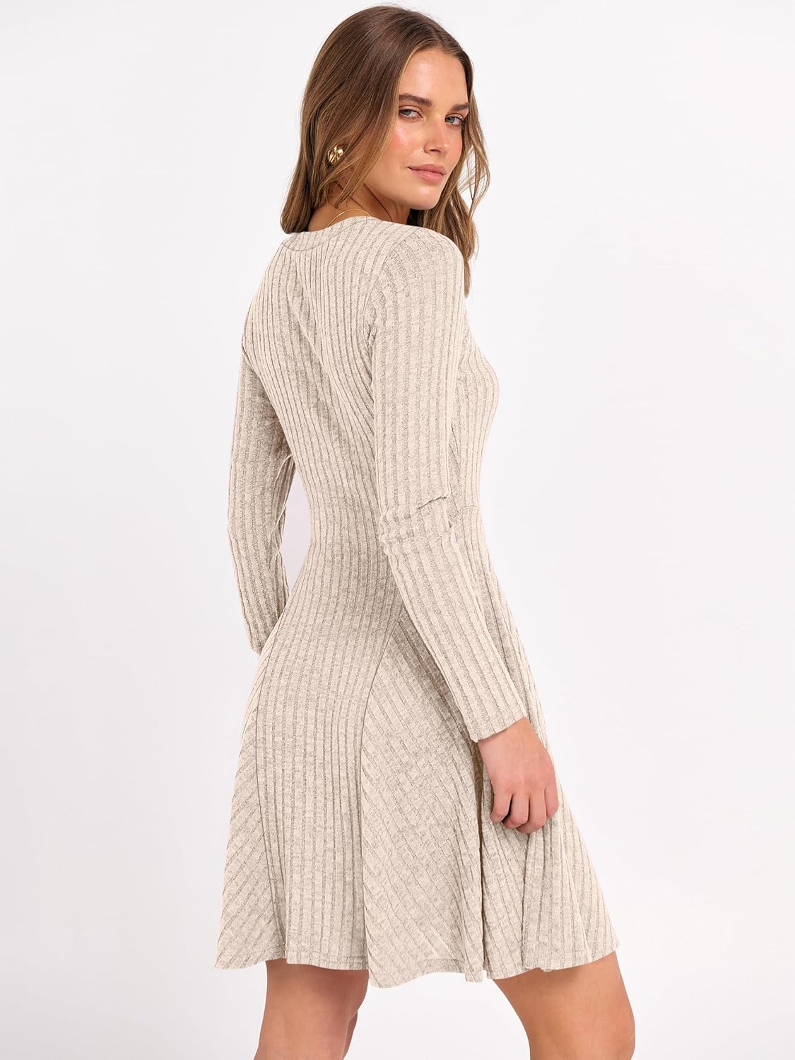 ANRABESS Women Long Sleeve Ribbed Knit Short Dresses 2025 Fall Winter V Neck Casual Swing A Line Sweater Dress - Image 4