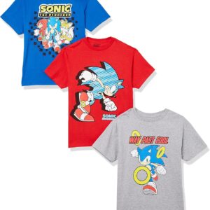 SEGA Boys Sonic The Hedgehog 3-Pack Tee Bundle, Sonic, Tails, Knuckle T Shirt, Red Heather Grey Royal
