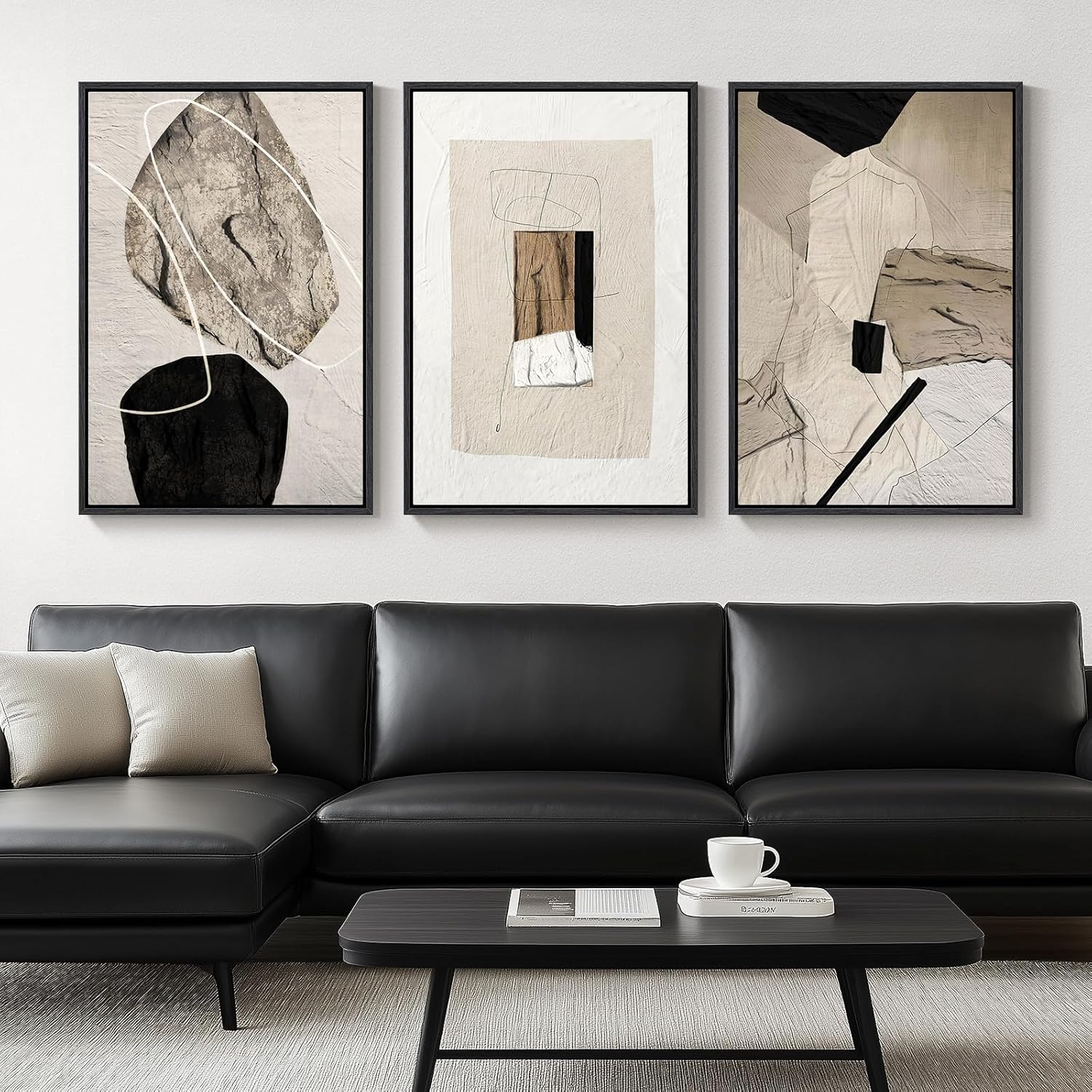 Large Framed Neutral Abstract Wall Art for Living Room, 3 Piece Modern Canvas Prints Paintings Artwork for Walls, Black and Beige Pictures for Living Room Hallway Stair Office Wall Decor 24x36 Inch - Image 4
