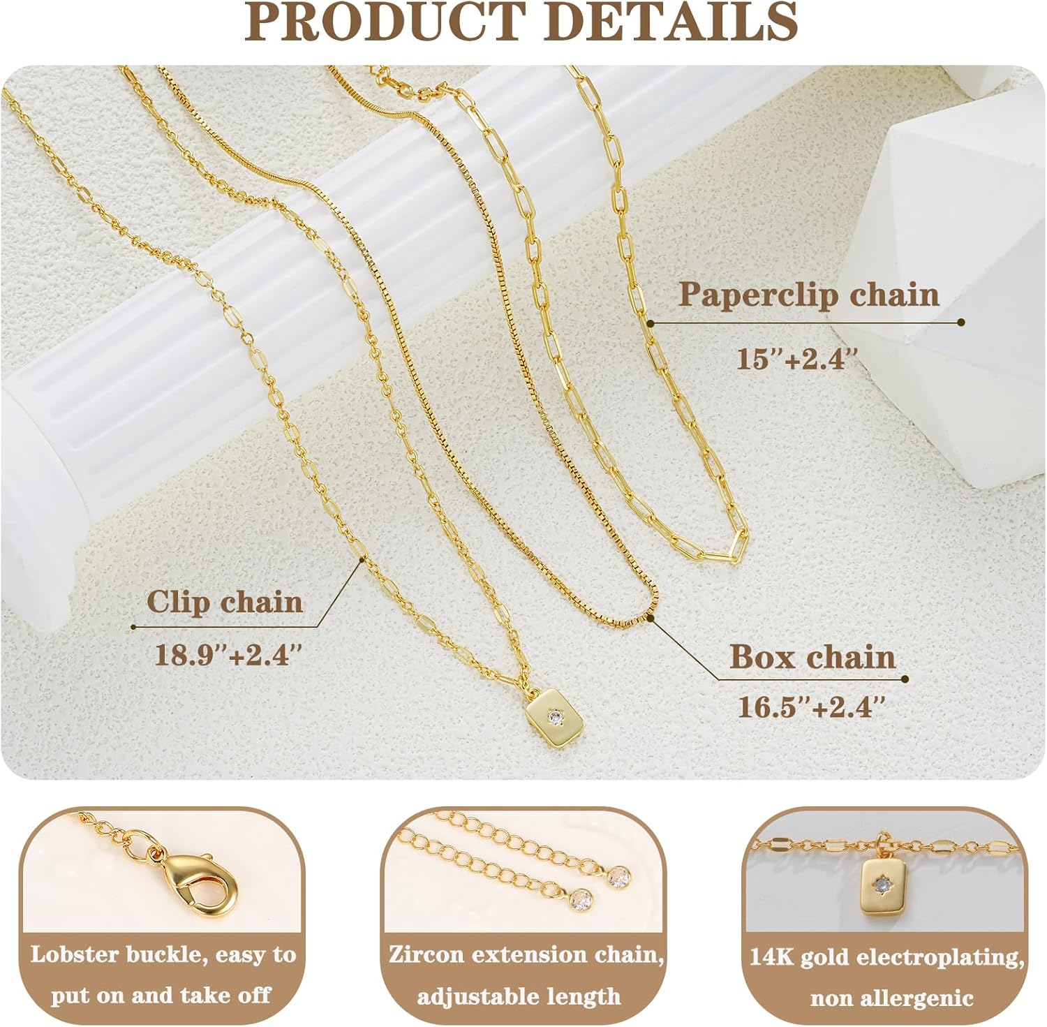 YEEZII Layered Gold Necklaces for Women Trendy, 3 Pcs 14K Gold Plated Choker Paperclip Box Chain Necklace, Stackable Women's Gold Pendant Necklaces Jewelry Set - Image 6