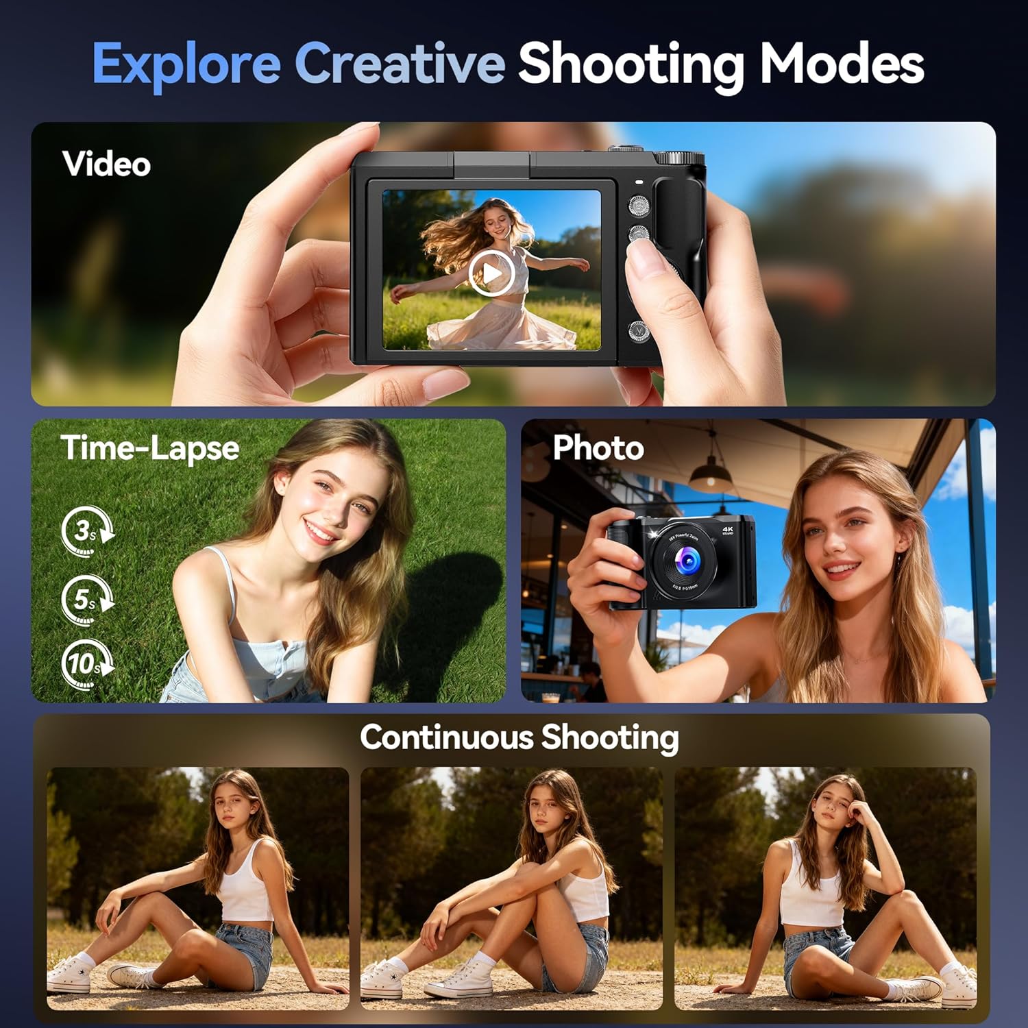 Digital Camera 4K for Photography Vlogging: 56MP Cameras with Mode Dial for Video - 16X Zoom Photo Camera Gifts for Teens Ages 8-16 - 180°Flip Screen Compact Cámara - Point and Shoot Digital Cameras - Image 5