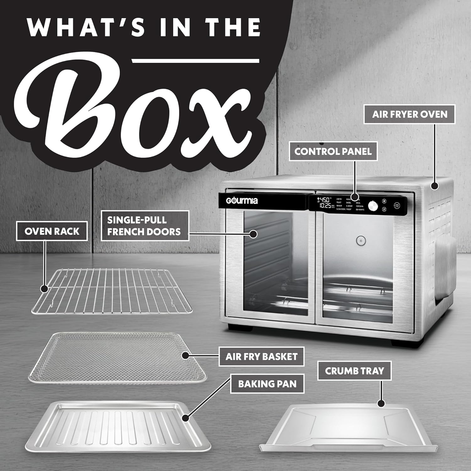 Gourmia French Door Air Fryer Oven - 37 Qt Large Capacity Convection Toaster Oven, FryForce 360°, Digital Display, 12 Cooking Presets, Dehydrate, Fits 13” Pizza, Dishwasher-Safe, Stainless Steel - Image 4