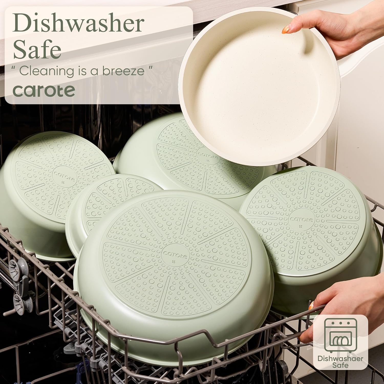 CAROTE Pots and Pans Set, Nonstick Cookware Set Detachable Handle, 19pcs Induction Kitchen Cookware Sets Non Stick with Removable Handle, RV Cookware Set, Oven Safe, Sage Green - Image 3