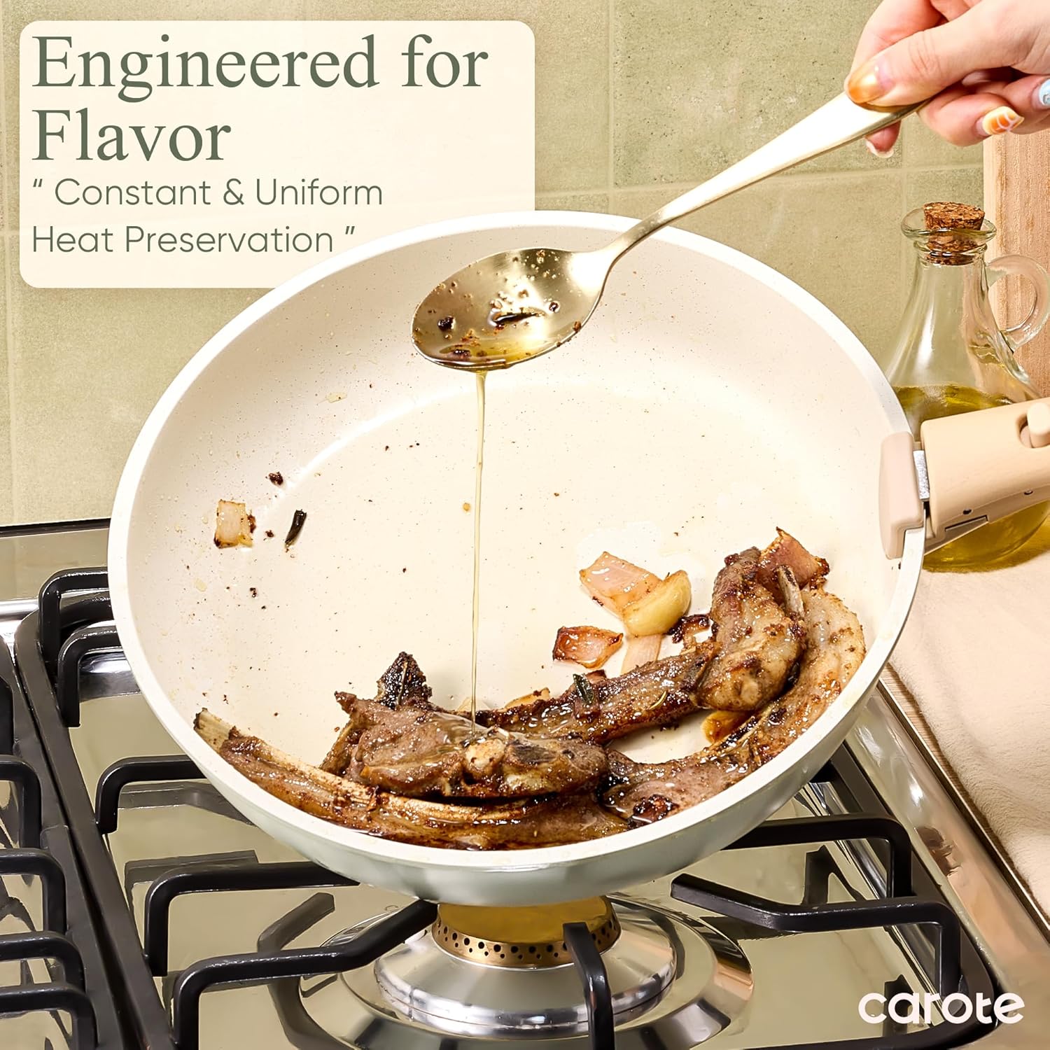 CAROTE Pots and Pans Set, Nonstick Cookware Set Detachable Handle, 19pcs Induction Kitchen Cookware Sets Non Stick with Removable Handle, RV Cookware Set, Oven Safe, Sage Green - Image 5