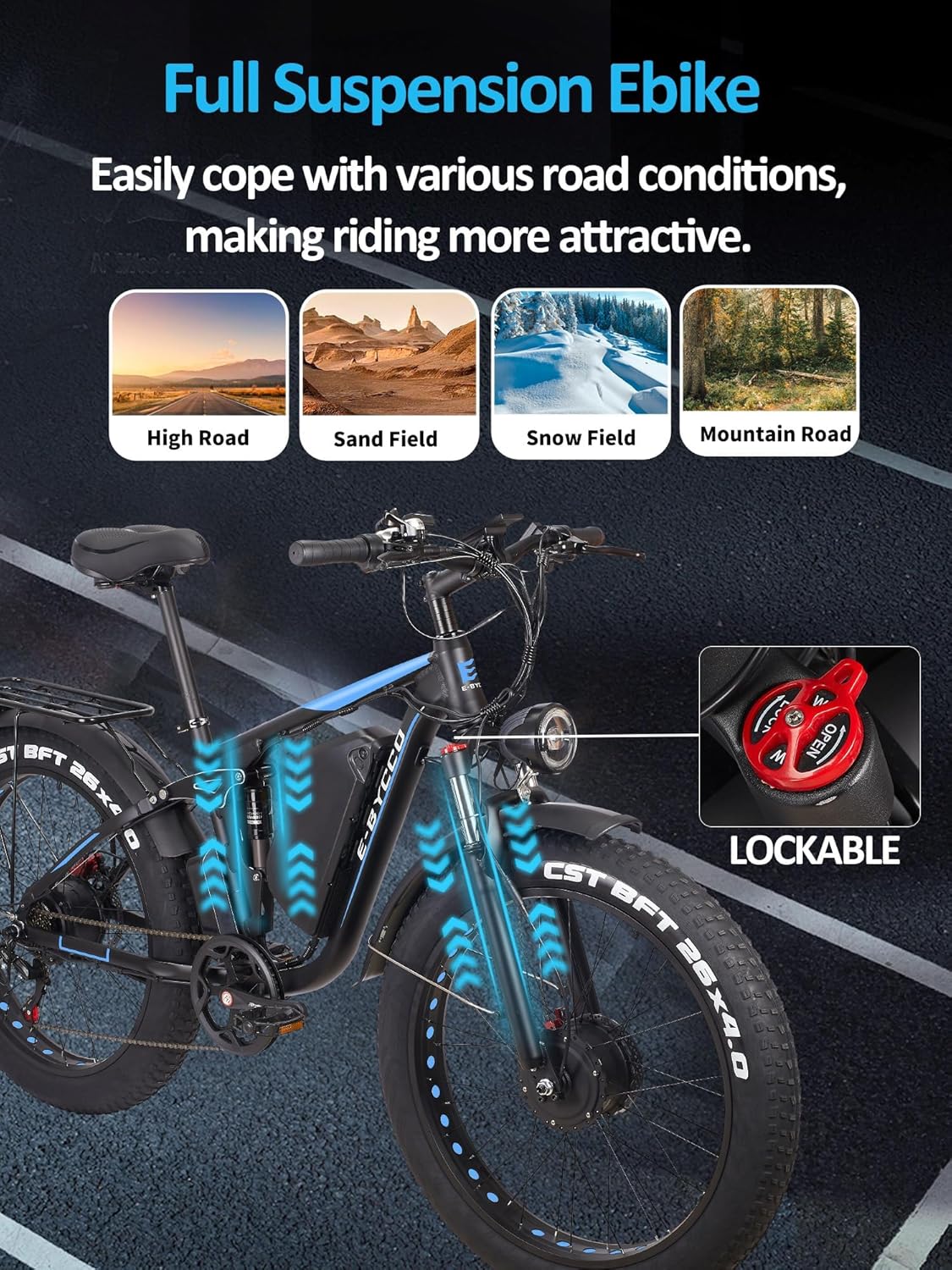 5000W Dual Motor Electric Bike for Adults, 52V 32AH, Up to 90Mile & 45MPH E-Bike All-Terrain Fat Tires Full Suspension 24/26 Inch Electric Bicycles Hydraulic Disc Brakes for Snow & Wet Roads - Image 7