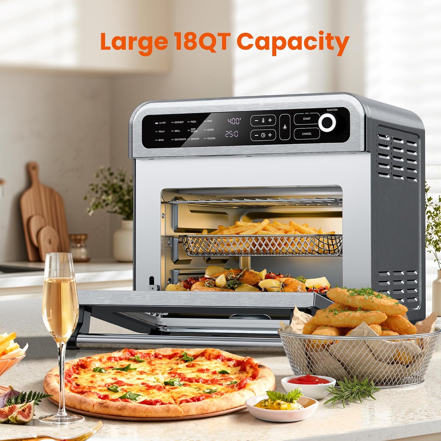 18QT Air Fryer Toaster Oven Combo, 12-in-1 Large Convection Airfryer Oven with 70–450℉ Temperature Control & 60-Minute Timer, Bake, Roast & Broil, Fits 8-10″ Pizza, Stainless Steel (Silver) - Image 4