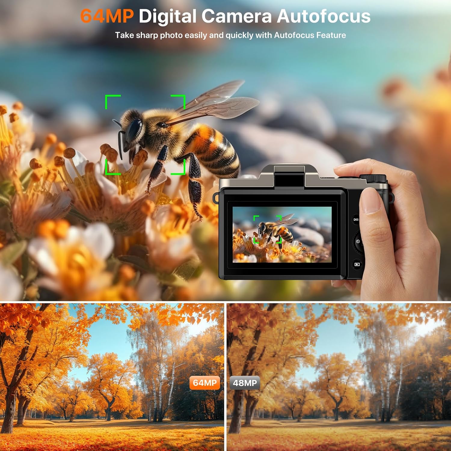 4K Digital Camera for Photography 64MP WiFi Vlogging Camera for YouTube Autofocus 3" 180° Flip Screen 16X Zoom Compact Travel Cameras with Anti-Shake, SD Card, 2 Batteries & Battery Charger - Image 2