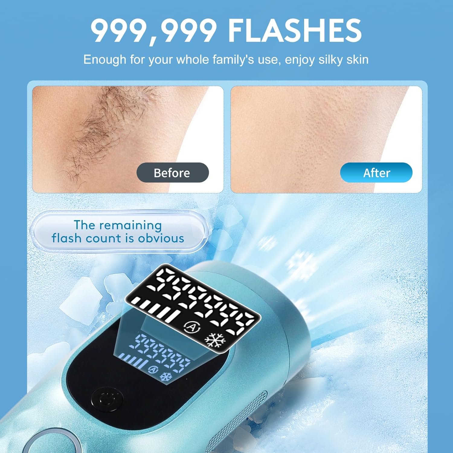 Laser Hair Removal for Women and Men - Permanent Painless Ice Cooling IPL Device Remover Machine with Shaver, Goggles, 999,999 Flashes for Body and Face, Corded - Image 4