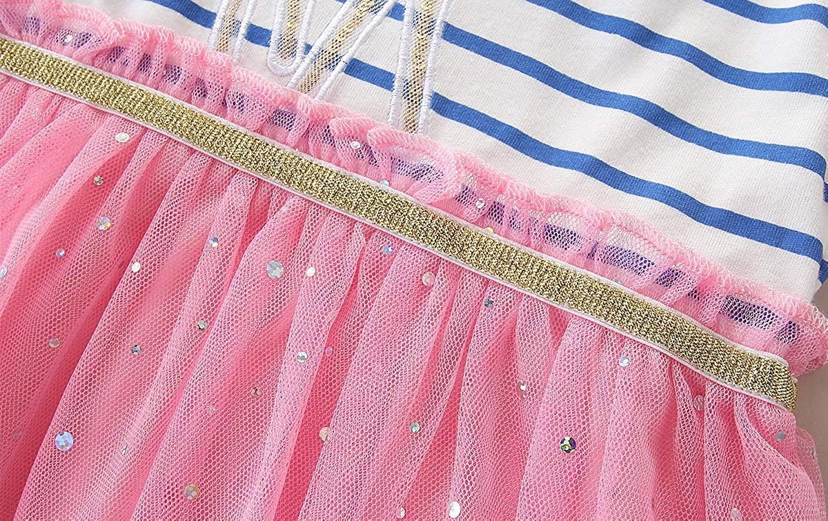 Youlebao Girls Cotton Long Sleeve Casual Cartoon Appliques Striped Jersey Dresses - Image 3