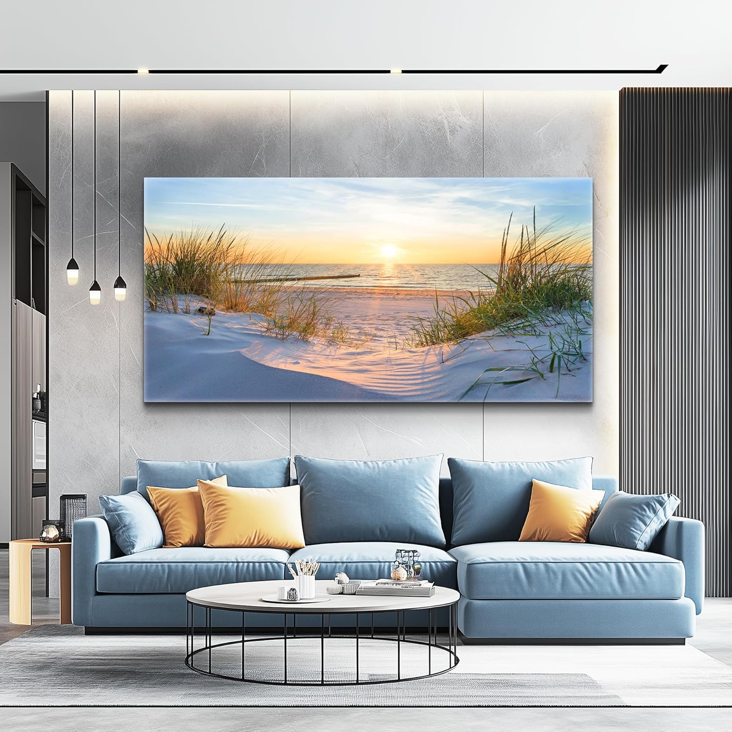Canvas Wall Art For Living Room Super Large Size Wall Decor For Office Canvas Art Framed Pictures Artwork Blue Sun Beach Grass Ocean Landscape Paintings Bedroom Decor Seascape Draw Home Decorations - Image 3
