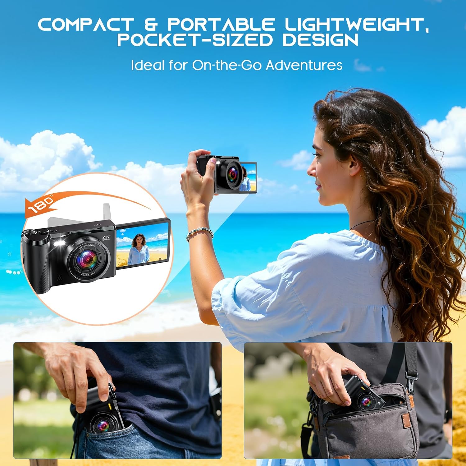 JDZ 4K Digital Camera for Photography and Video, 56MP Autofocus Vlogging Camera for YouTube, 3'' 180° Flip Screen, 16X Zoom, Flash, Compact Travel Camera with 32GB Card for Beginners - Image 4