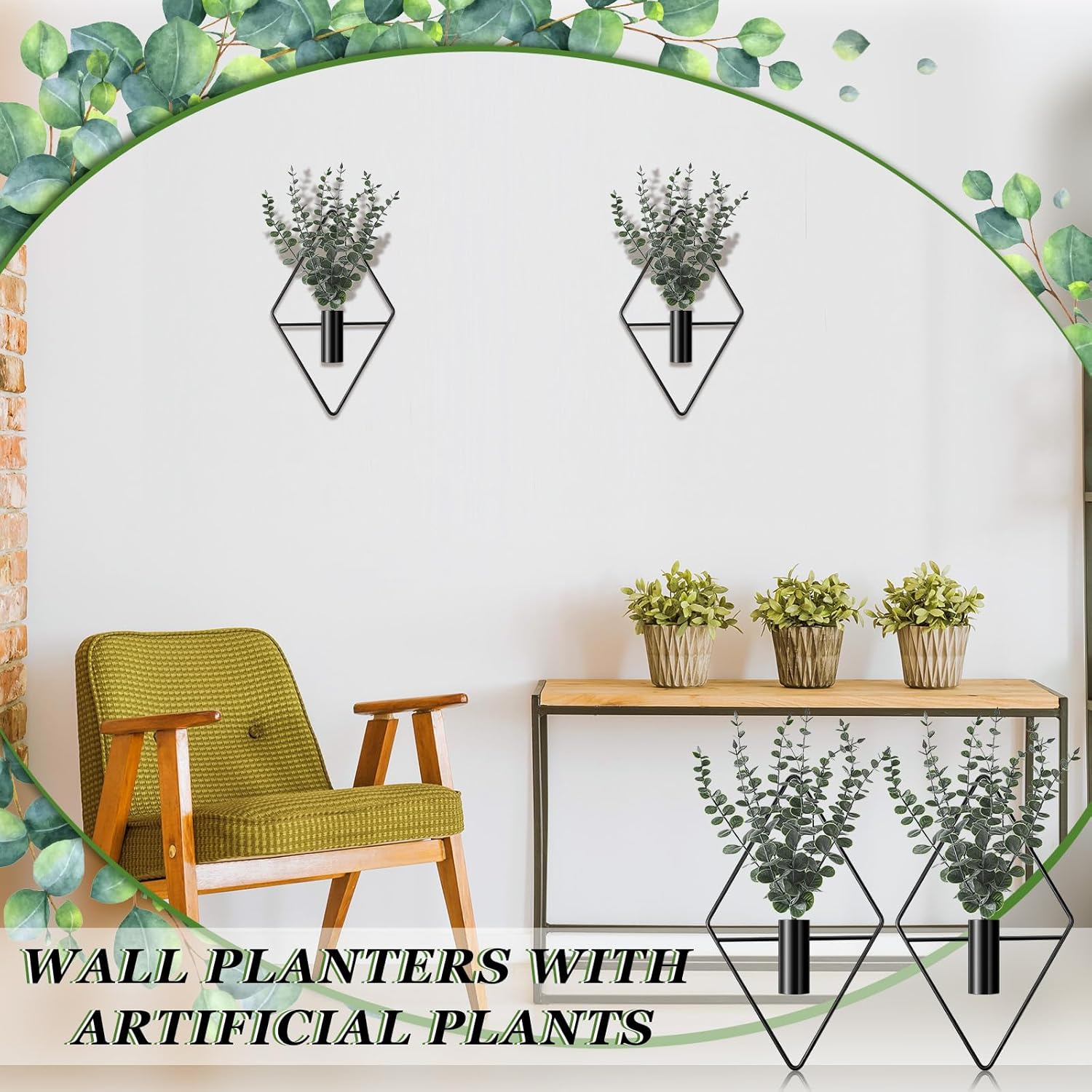 Jexine 4 Pcs Hanging Planters with Artificial Eucalyptus Metal Hanging Vase Indoor Plants Holder Modern Geometric Boho Bathroom Wall Decor for Living Room Home Office(Black) - Image 4