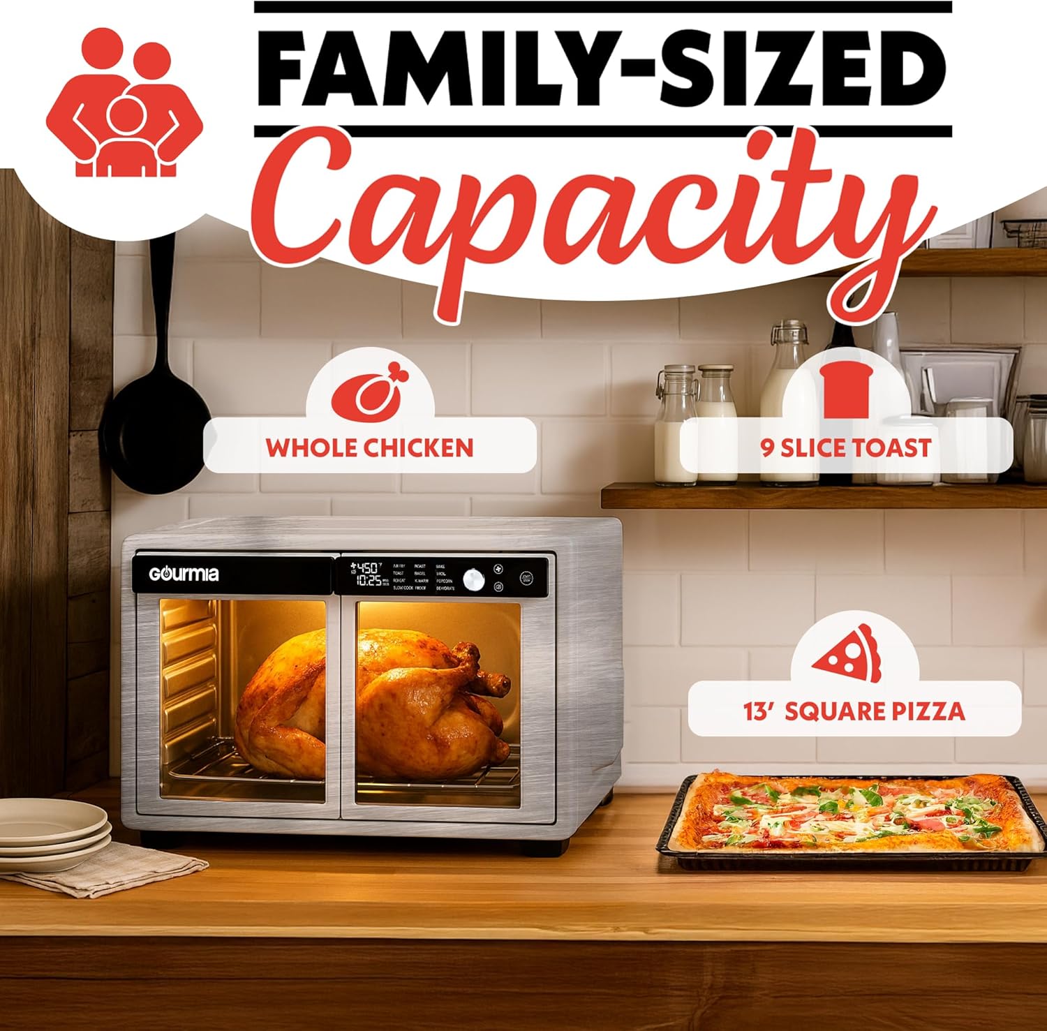 Gourmia French Door Air Fryer Oven - 37 Qt Large Capacity Convection Toaster Oven, FryForce 360°, Digital Display, 12 Cooking Presets, Dehydrate, Fits 13” Pizza, Dishwasher-Safe, Stainless Steel - Image 6