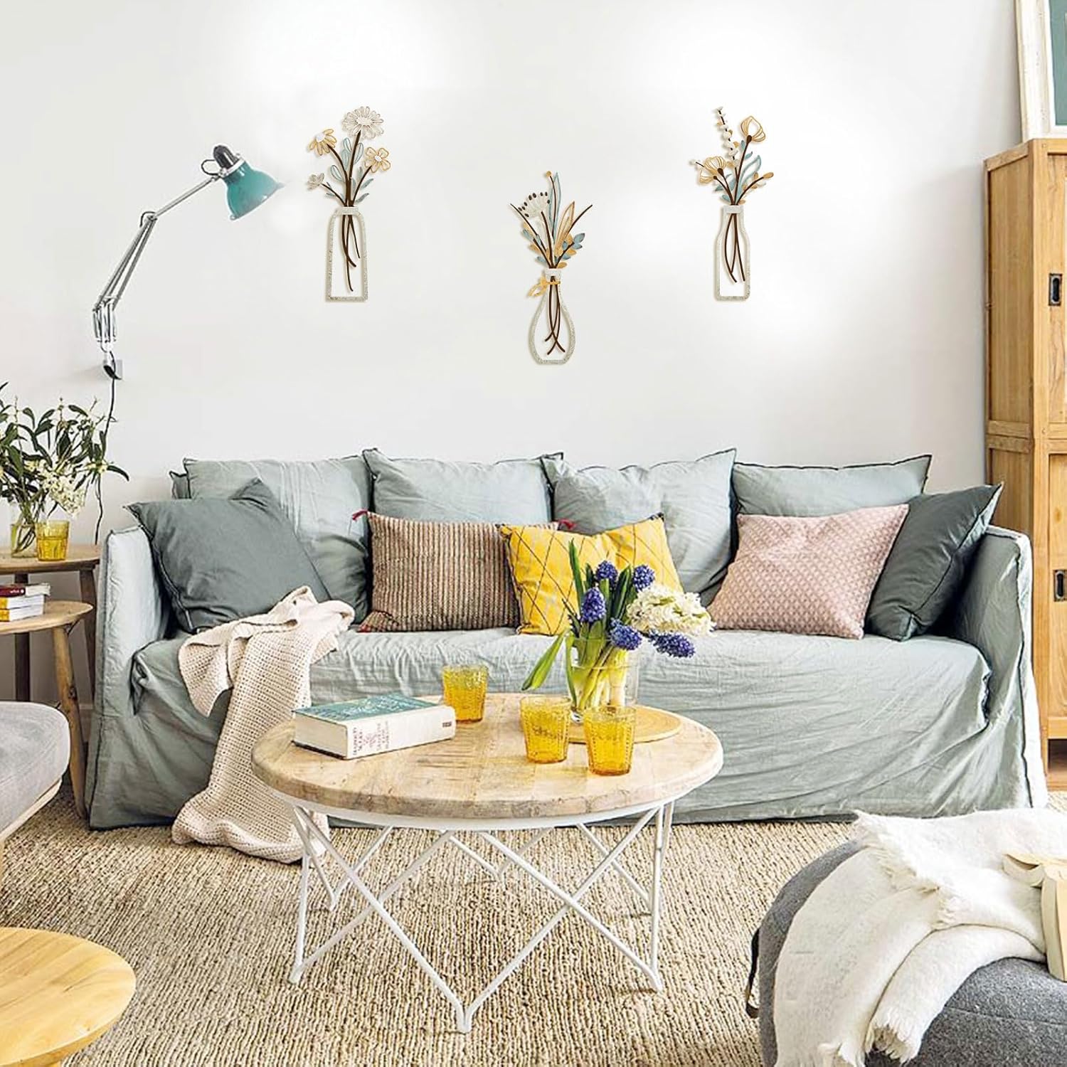 Pigort 3 Pieces Metal Flowers Wall Art- Rustic Farmhouse Decor Minimalist Decor for Living Room Bathroom Bedroom Dining Room, Housewarming Gifts Christmas Decoration(Beige, Vase-C) - Image 4