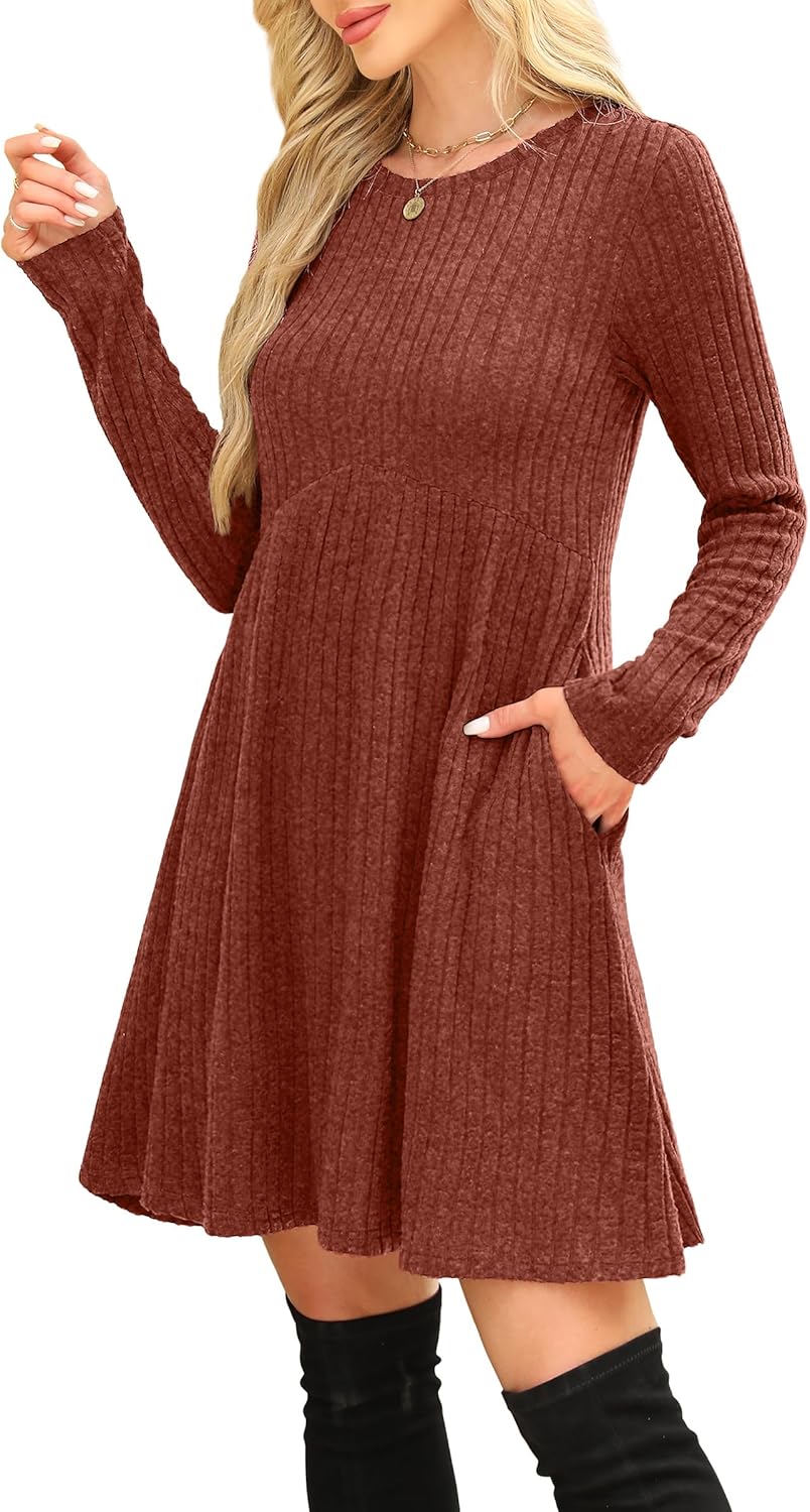 OFEEFAN Long Sleeve Dress for Women Crew Neck Empire Waist Tunic Dress with Pockets - Image 4