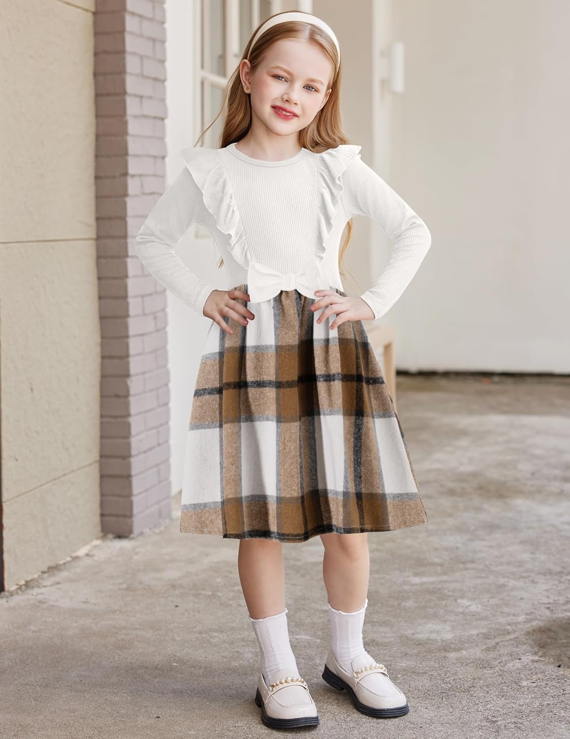 Arshiner Girls Fall Winter Dress Plaid Ribbed Ruffles Long Sleeve Dresses Cute Bowknot Little Girls Clothes 2-6 Years - Image 4