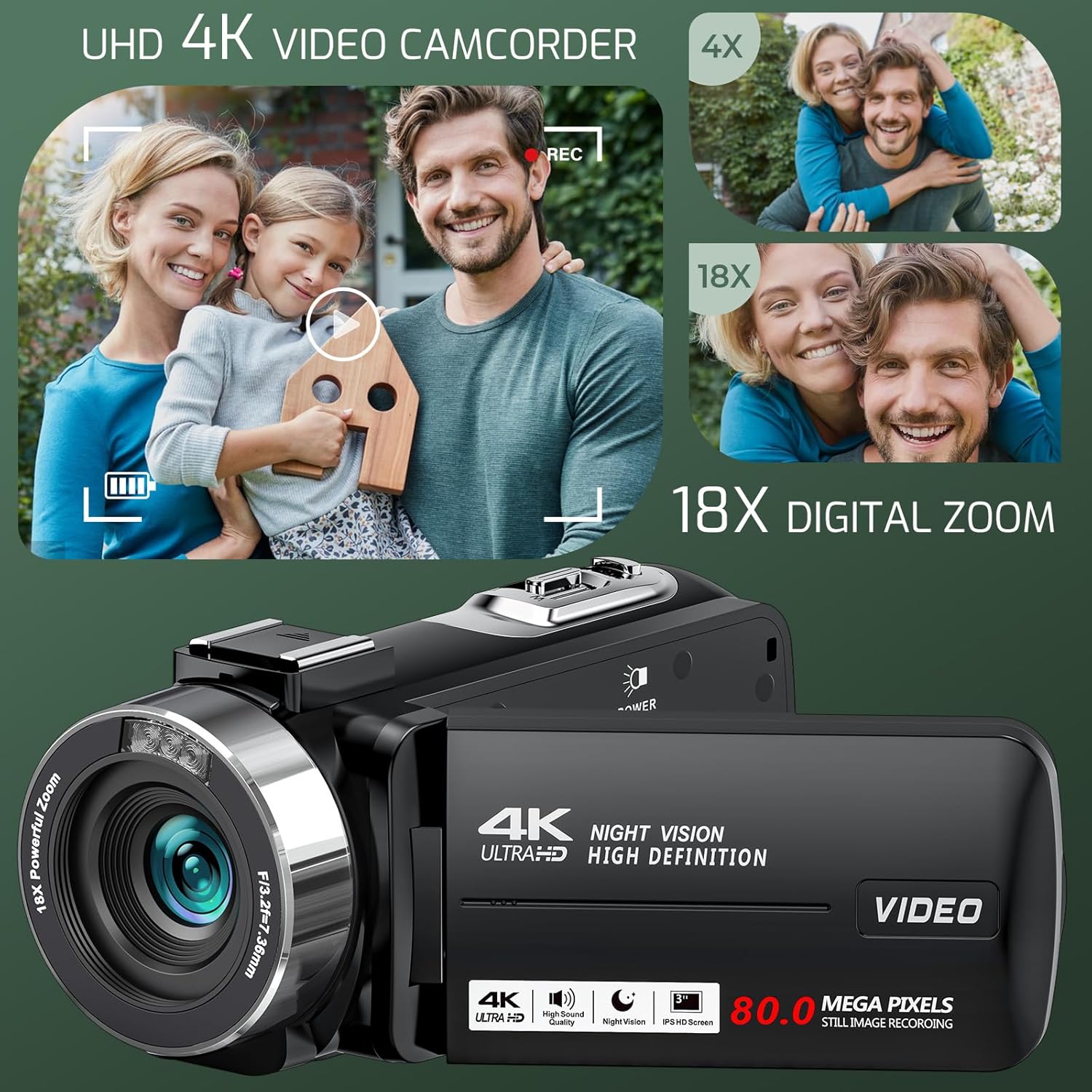 4K Video Camera Camcorder Ultra HD 80MP Vlogging Camera for YouTube 18X Digital Zoom 3.0" IPS 270° Screen IR Night Vision Camcorder Recorder with 32GB SD Card, Lens Cap and 2 Batteries - Image 2