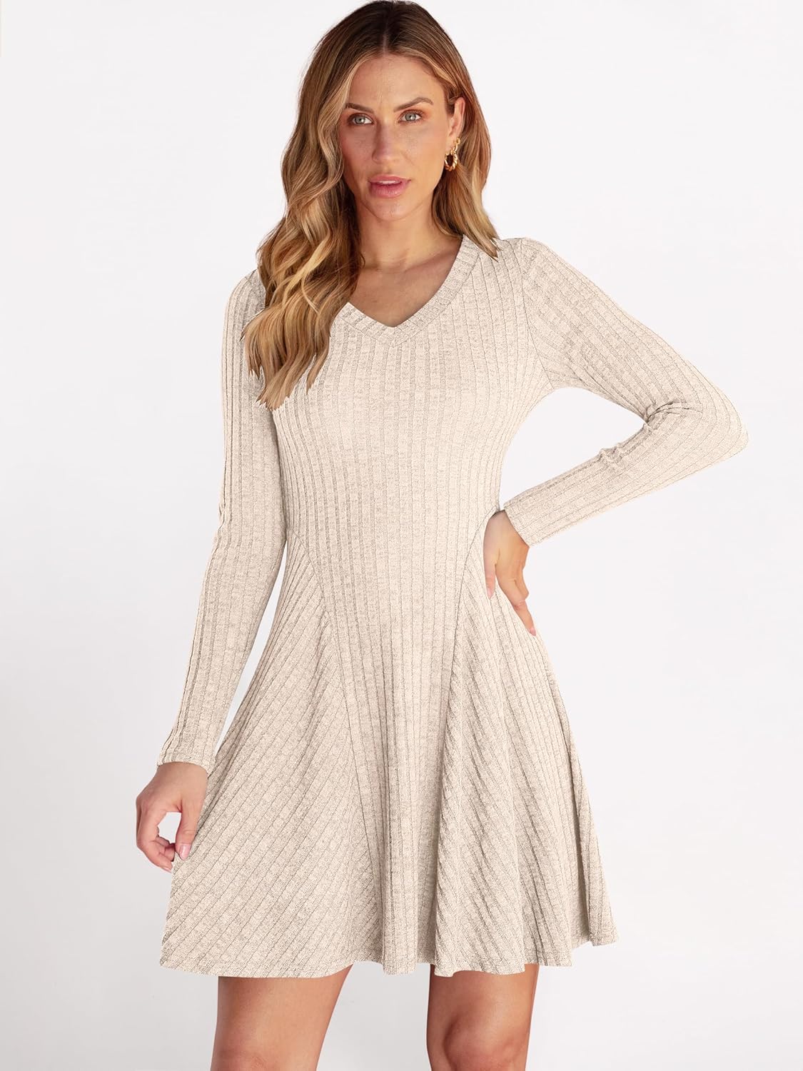 ANRABESS Women Long Sleeve Ribbed Knit Short Dresses 2025 Fall Winter V Neck Casual Swing A Line Sweater Dress - Image 7