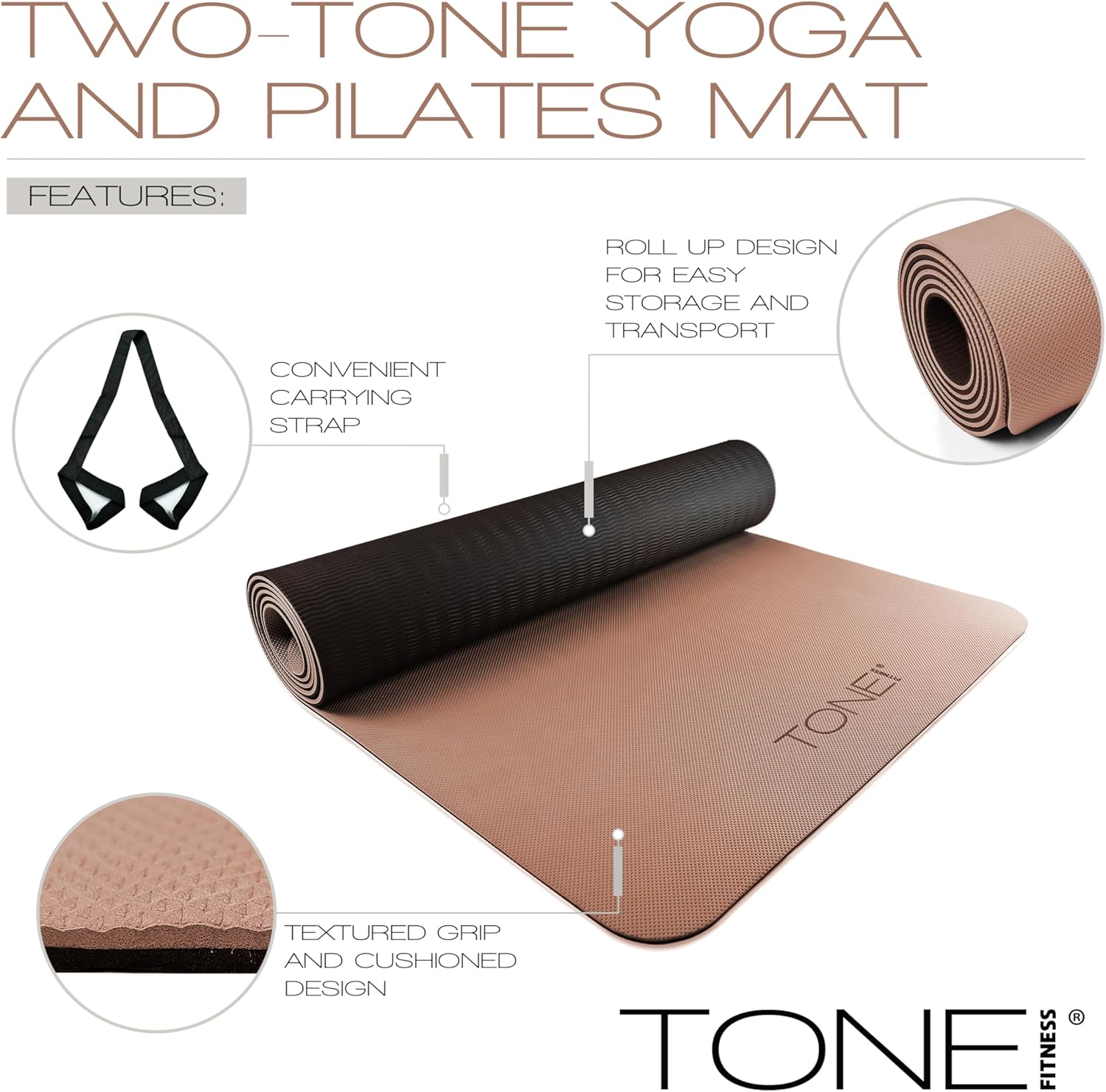 TONE Fitness Yoga Mat 1/4" Thick Non Slip Exercise & Pilates Mat for Home Workouts with Carrying Strap | Multiple Options - Image 4
