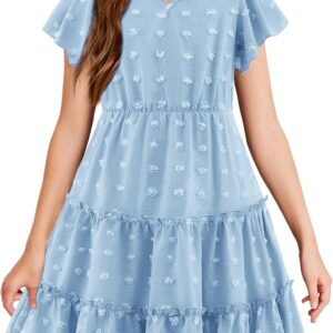 Arshiner Girls 2025 Summer Dresses Pom Poms Flutter Ruffle Sleeve Midi Polka Dot V Neck Dress with Pockets