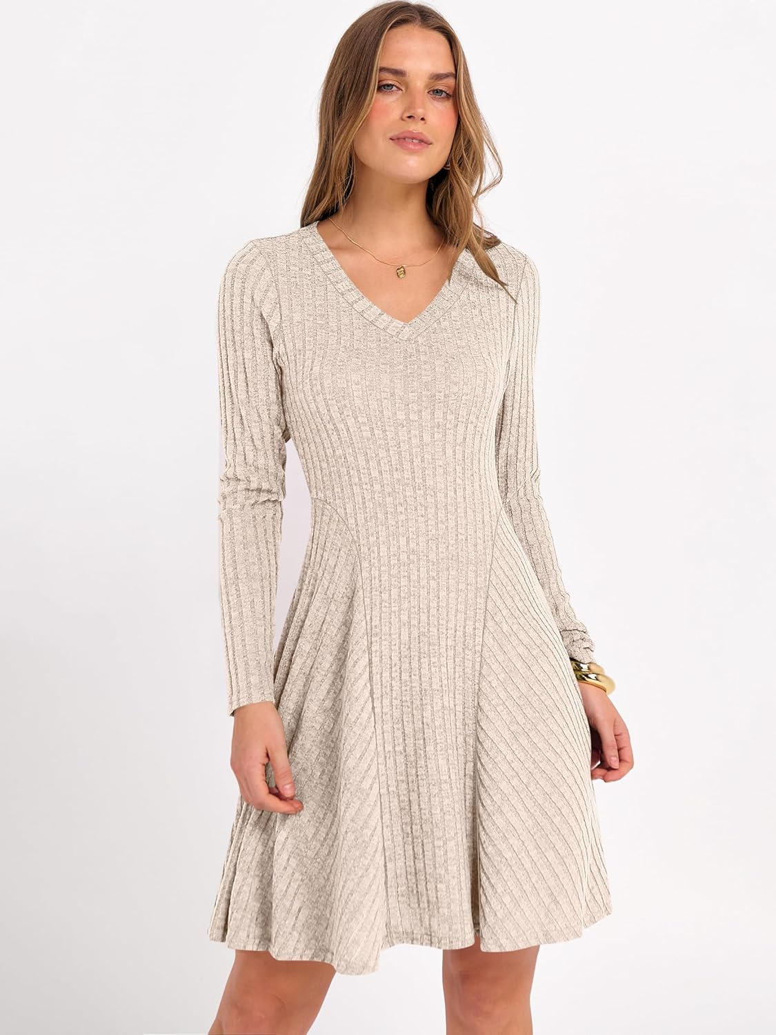 ANRABESS Women Long Sleeve Ribbed Knit Short Dresses 2025 Fall Winter V Neck Casual Swing A Line Sweater Dress - Image 2