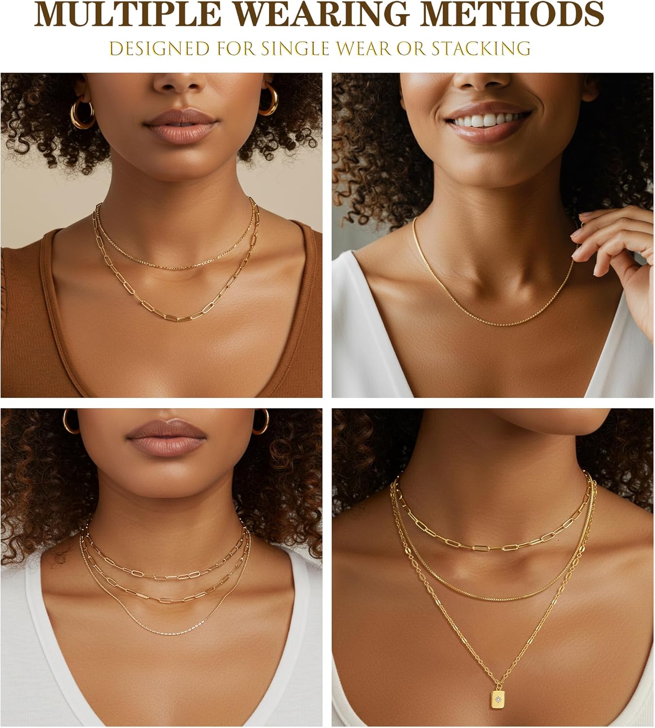 YEEZII Layered Gold Necklaces for Women Trendy, 3 Pcs 14K Gold Plated Choker Paperclip Box Chain Necklace, Stackable Women's Gold Pendant Necklaces Jewelry Set - Image 5