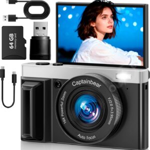 4K Digital Camera,64MP Cameras for Photography with 16X Digital Zoom, AutoFocus Vlogging Camera for YouTube, 3″ 180°Flip Screen Compact Travel Camera, Anti-Shake 4K Video Cameras