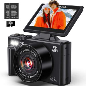 5K Digital Camera – WiFi 75MP Cameras for Photography – UHD Vlogging Camera for YouTube with 3″ 180° Flip Screen – Autofocus Compact Video Travel Camara with 18X Zoom, 32GB SD Card, 2 Batteries
