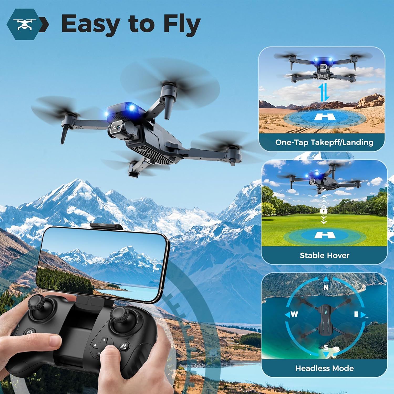 Drone with 1080P FPV Camera, Drone for Kids Adults with One Key Take Off/Land, Altitude Hold, 3D Flip, Waypoint Flight, Gestures Selfie, Gravity Control, 3 Speed, 2 Battery, Mini Drone with Camera for Kids 8-12 10-15, Beginners - Image 3