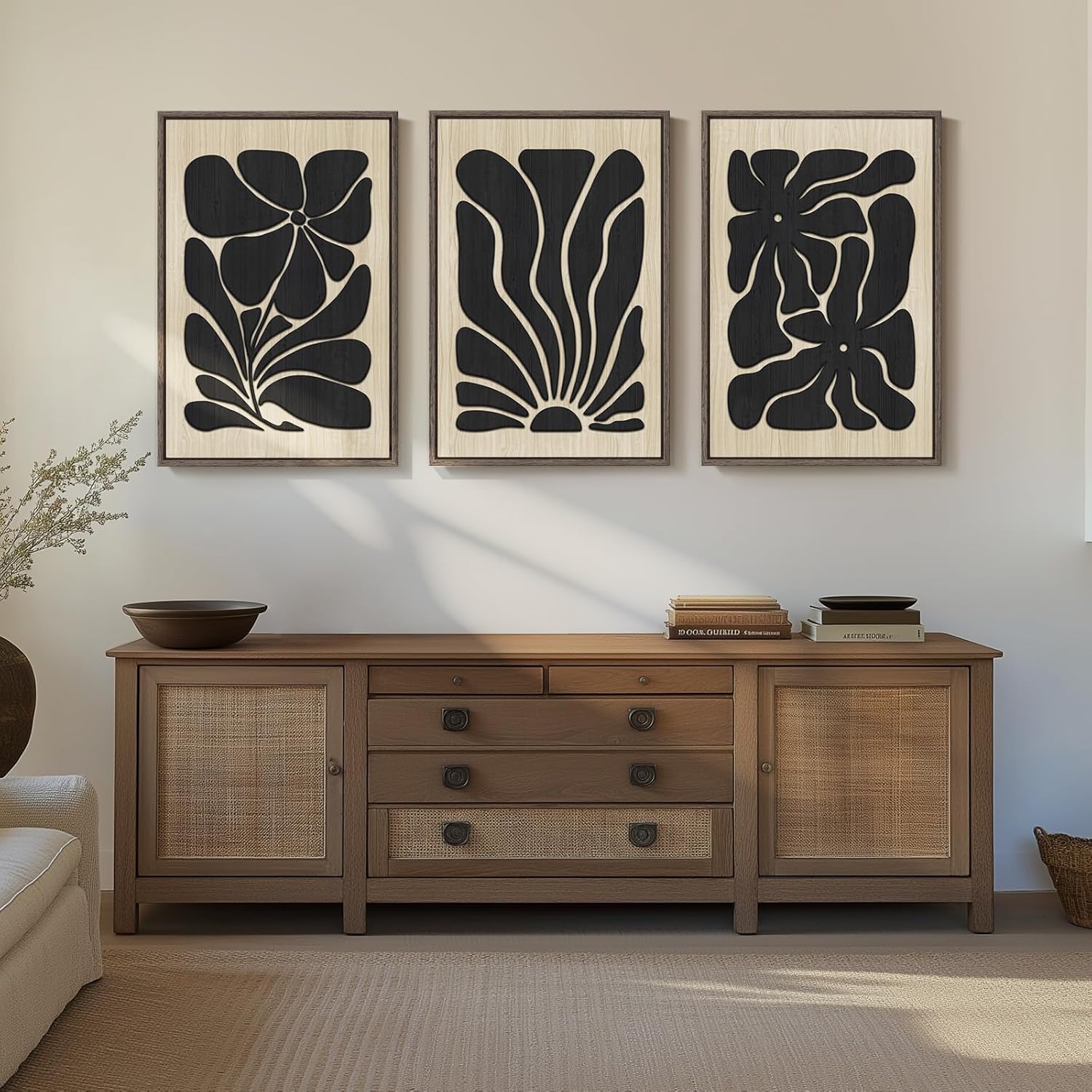 Framed Textured Wood 3D Wall Art for Living Room, Large Boho Floral Black and Beige Artwork for Walls, 3 Piece Abstract Bohemian Flower Wood 3D Art for Office Bedroom Hallway Wall decor, 24x36 Inch - Image 9