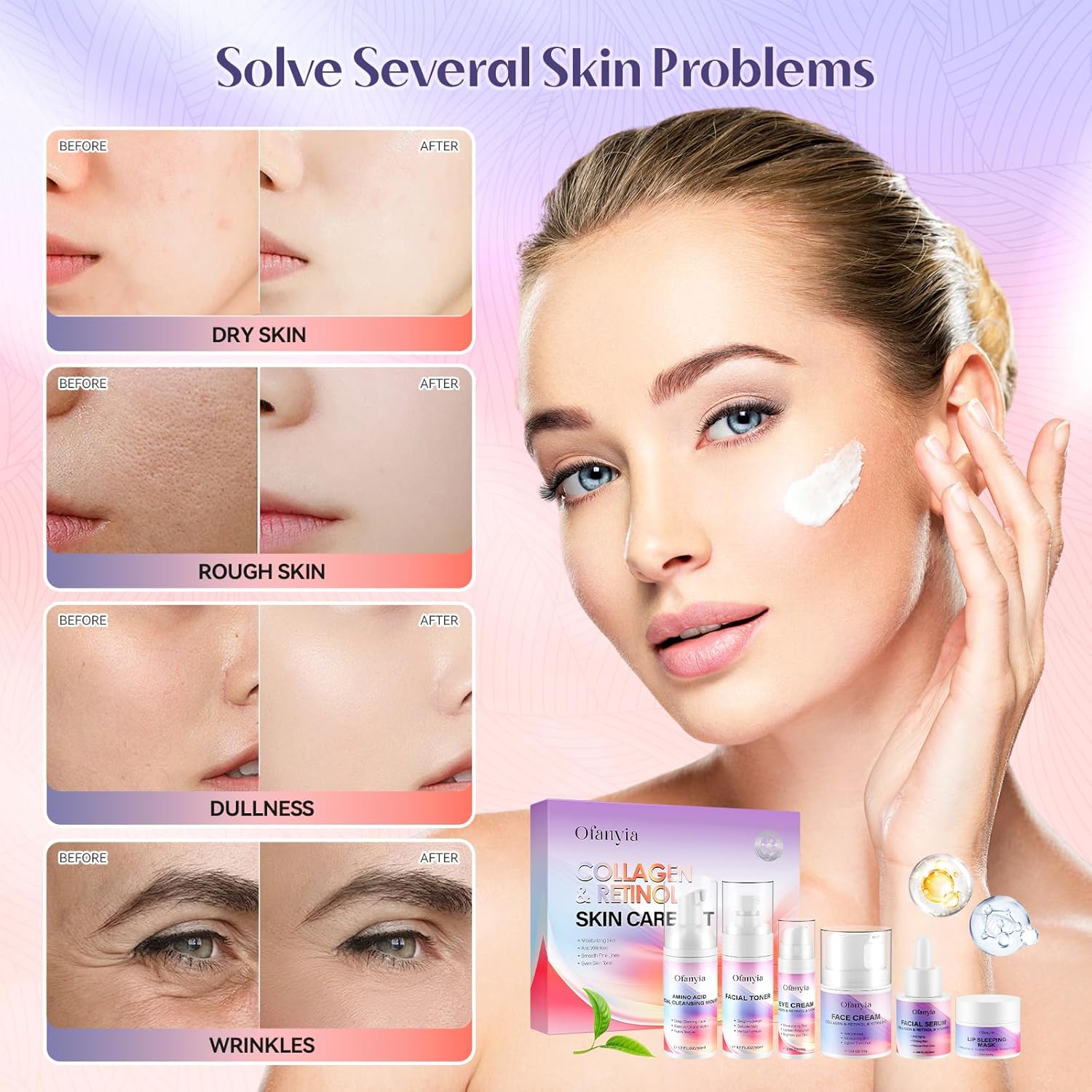 Ofanyia Collagen Retinol Skincare Set, 6 Pcs Anti-Aging Skin Care Set with Hydrating Cleanser, Eye Cream, Toner, Cream & Lip Mask, Facial Kit for Women, Christmas Valentines Birthday Gift for Her - Image 3