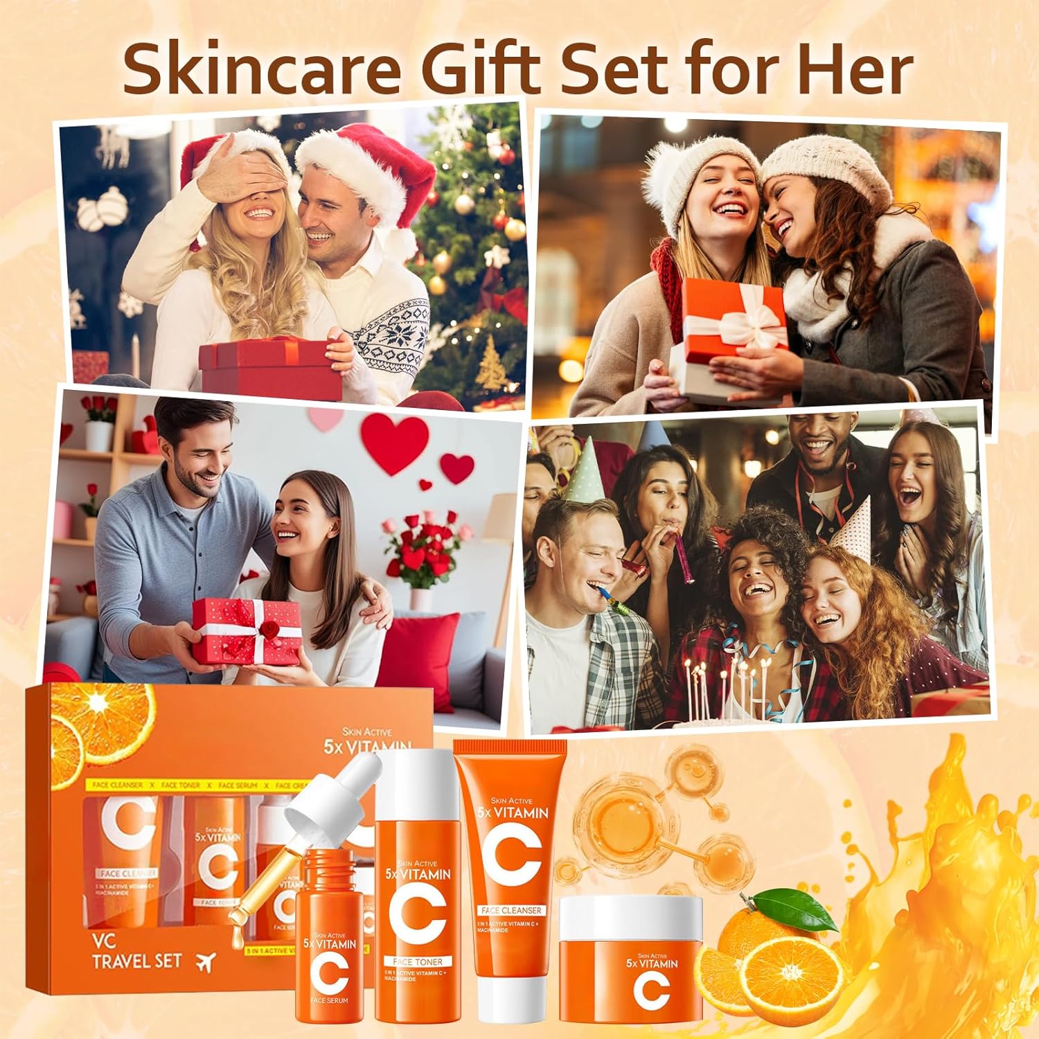 4-in-1 Vitamin C Skincare Kit for Women, Moisturizing & Hydrating Skincare Travel Kit, Face Care Gift Set with Facial Cleanser, Toner, Serum and Face Cream - Image 6