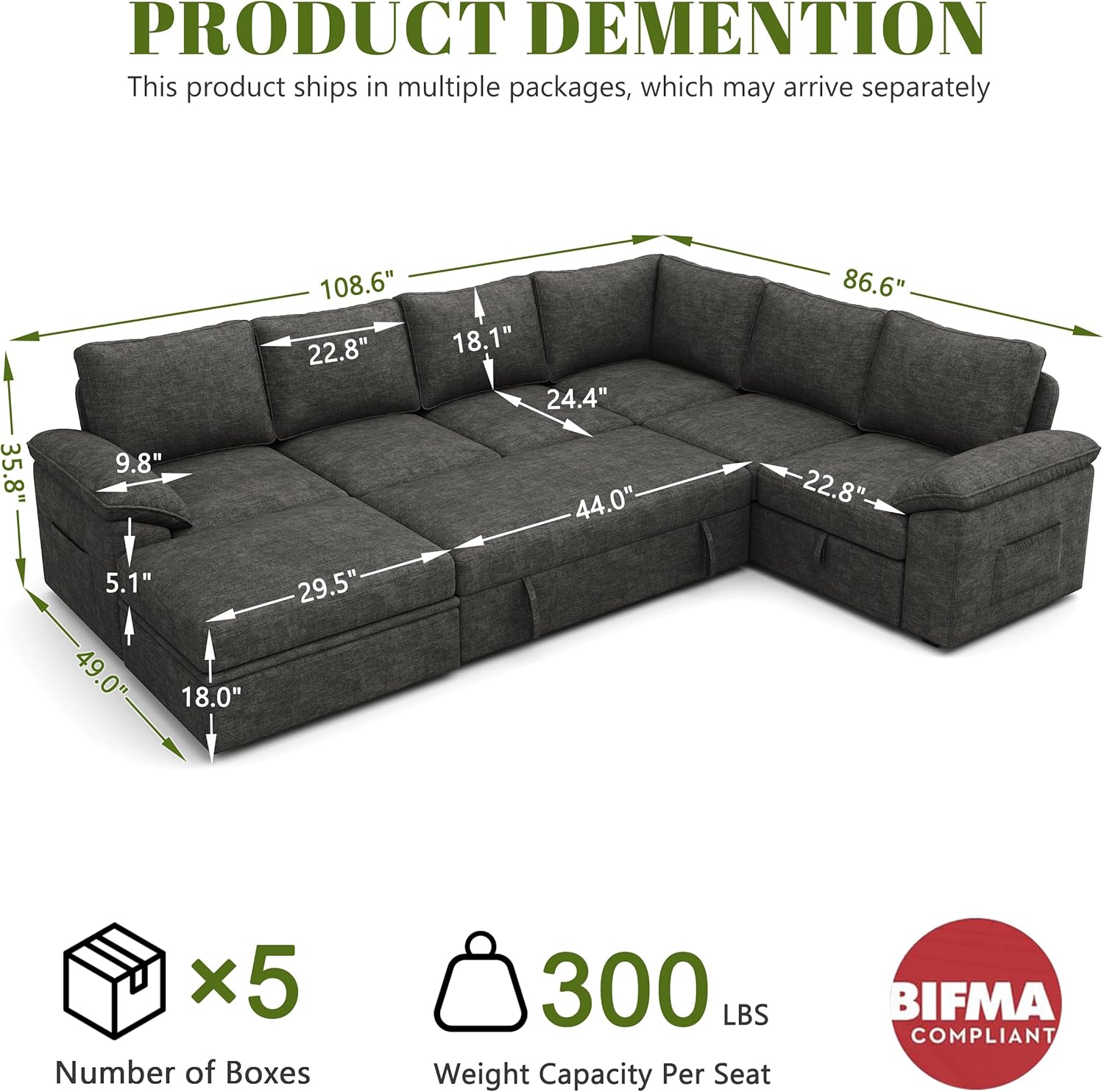 108 Inch Sectional Sleeper Sofa with Pull Out Bed, U Shaped 7 Seat Modular Sectional Sofa with Storage, Sectional Couches for Living Room, Cloud Modular Couch,Removable Sofa Cover, Dark Grey - Image 3
