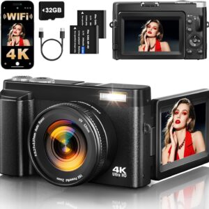 4K Digital Camera for Photography, 64MP Autofocus WiFi Vlogging Camera for YouTube with 3” 180° Flip Screen,Travel Camera with SD Card, Point and Shoot Digital Camera 16X Zoom, UV Filter,2 Batteries