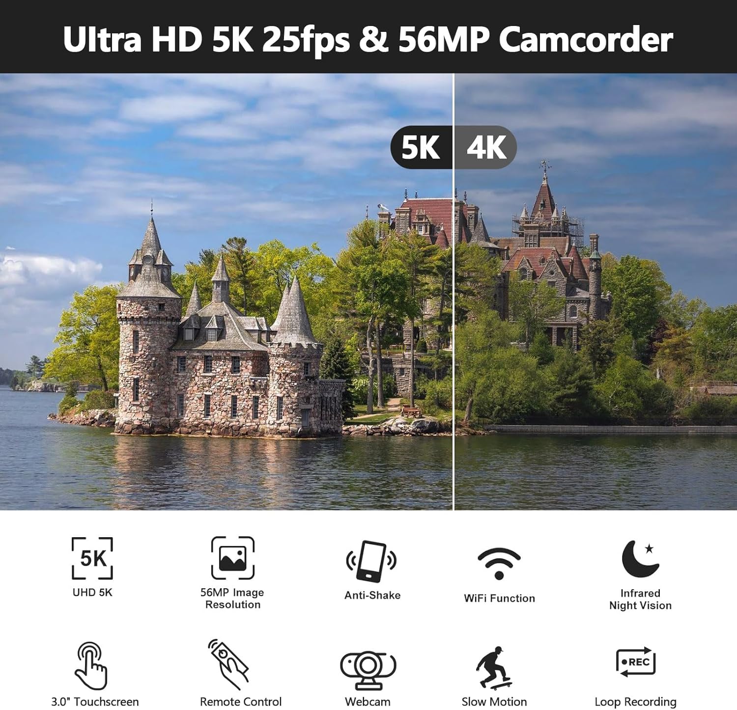 Camcorder Video Camera, 5K Video Cameras for Filming Night Vision Vlogging Camera for YouTube with 3" Touch Screen, Digital Camcorder with 16X Zoom Wifi Microphone Remote Tripod 64GB Card 2 Batteries - Image 2