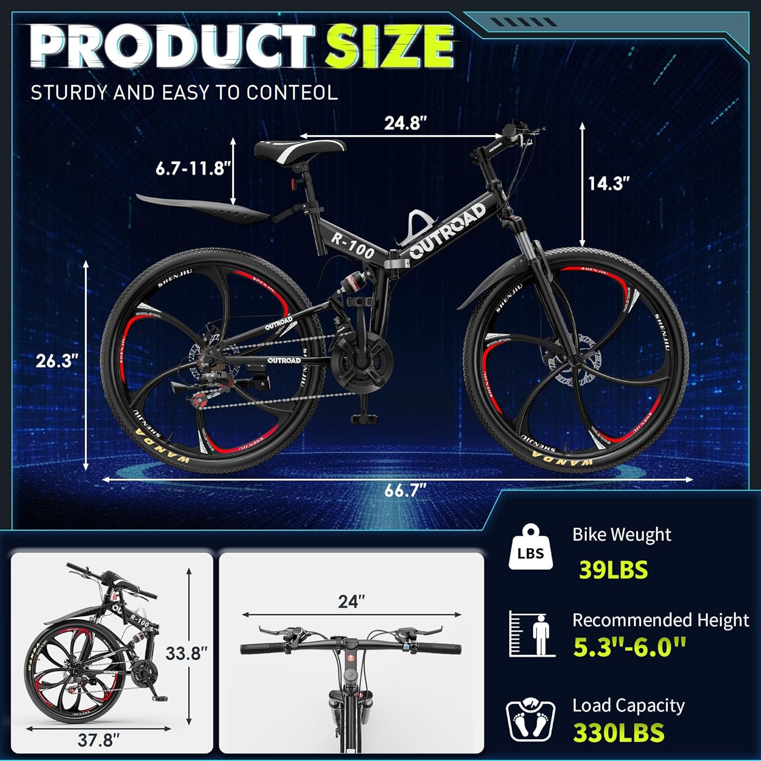 26 Inch Folding Mountain Bike, 21 Speed Full Suspension Bicycle with High-Carbon Steel, Dual Disc Brake Non-Slip Quick Release tire Folding Bicycle for Adults/Men/Women - Image 2