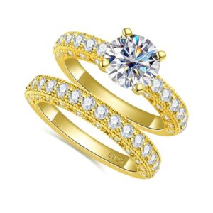 Idocare 2 ct All Moissanite Wedding Rings Set for Women D Color Round Cut Yellow Gold Plated 925 Sterling Silver Engagement Jewelry size 5