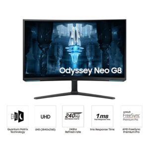 Samsung 32″ Odyssey Neo G8 (G85NB) 4K UHD 240Hz 1ms G-Sync 1000R Curved Gaming Monitor, Quantum HDR2000, AMD FreeSync Premium Pro, Matte Display, DisplayPort, Black & White, LS32BG852NNXGO