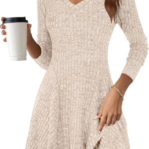 ANRABESS Women Long Sleeve Ribbed Knit Short Dresses 2025 Fall Winter V Neck Casual Swing A Line Sweater Dress