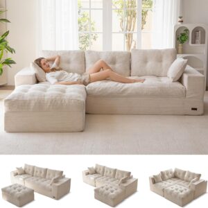 MAXYOYO 104″ L Shaped Modular Sectional Sofa with Ottoman, Cloud Boneless Couch with Layered Cushion, Upholstered Sofa in a Box, Flexible Module Combination for Living Room, No Assembly, Beige