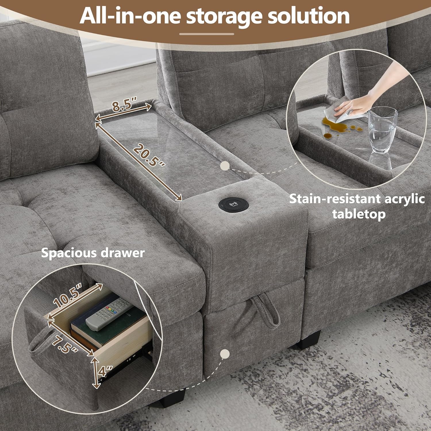 104'' Modular Sectional Sofa couch with 2 Acrylic Consoles, Oversized U Shaped Couch Set with USB Charger, Storage Drawers,Pockets and Movable Ottoman, Chenille Sectional Couches for Living Room ,Gray - Image 7