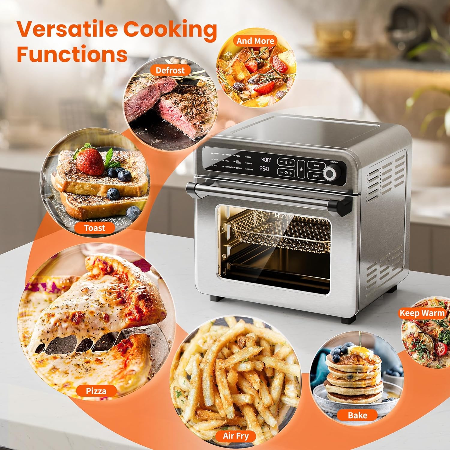 18QT Air Fryer Toaster Oven Combo, 12-in-1 Large Convection Airfryer Oven with 70–450℉ Temperature Control & 60-Minute Timer, Bake, Roast & Broil, Fits 8-10″ Pizza, Stainless Steel (Silver) - Image 3