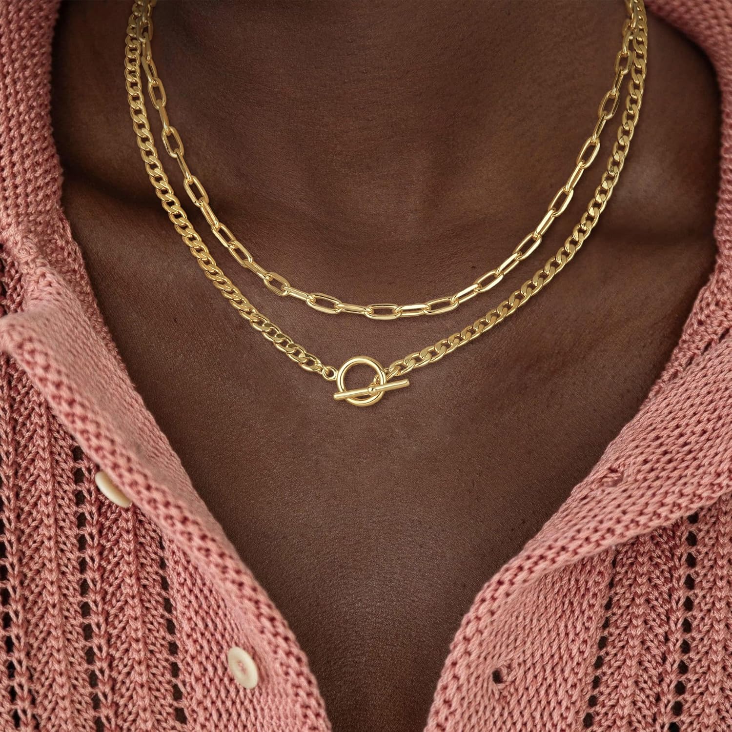 CHESKY Layered Necklaces for Women, 14K Gold Plated Chain Necklace Women Trendy Cuban Link Paperclip Chain Toggle Clasp Necklace Fashion Chunky Jewelry for Women - Image 3