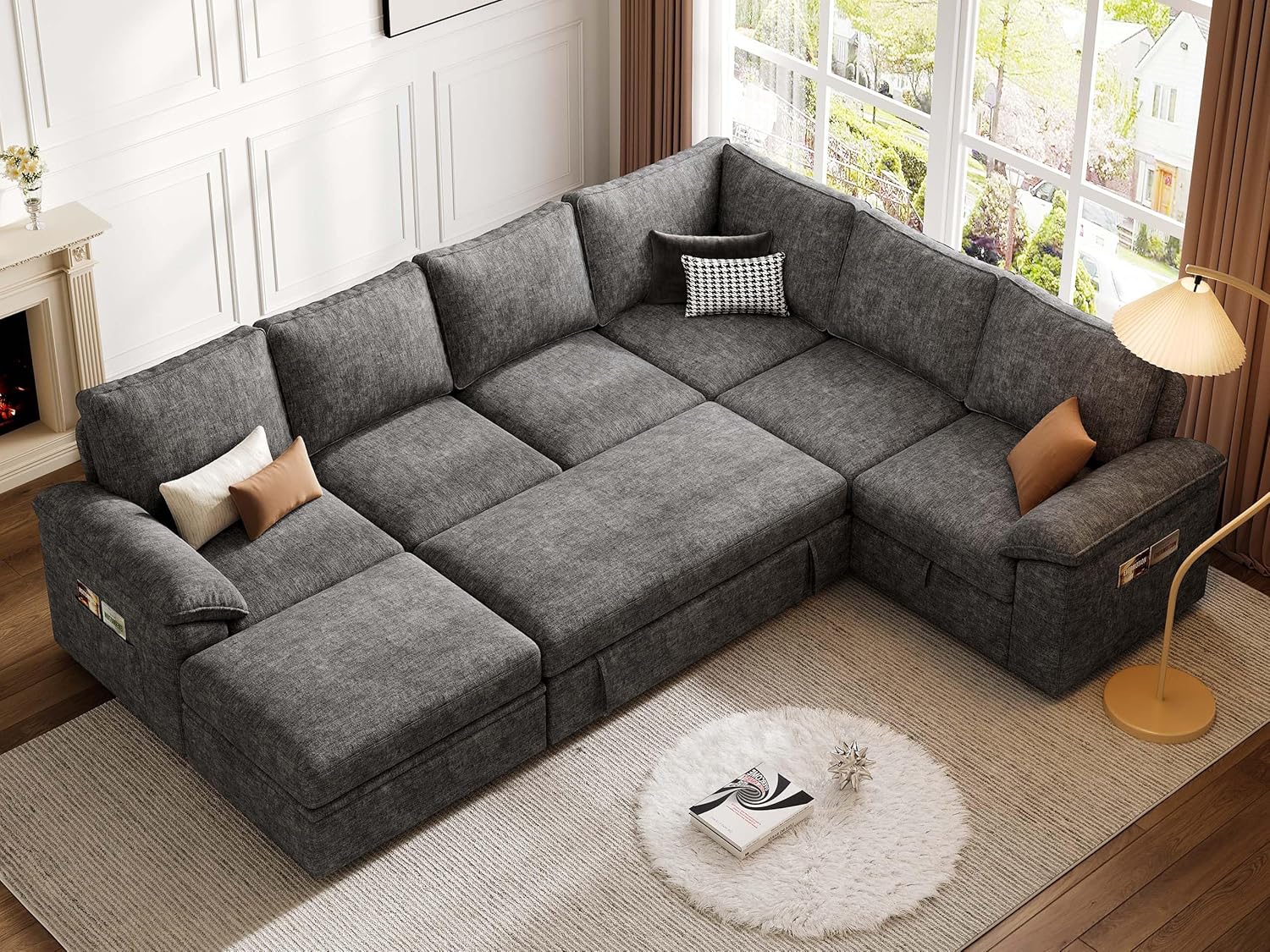 108 Inch Sectional Sleeper Sofa with Pull Out Bed, U Shaped 7 Seat Modular Sectional Sofa with Storage, Sectional Couches for Living Room, Cloud Modular Couch,Removable Sofa Cover, Dark Grey - Image 9