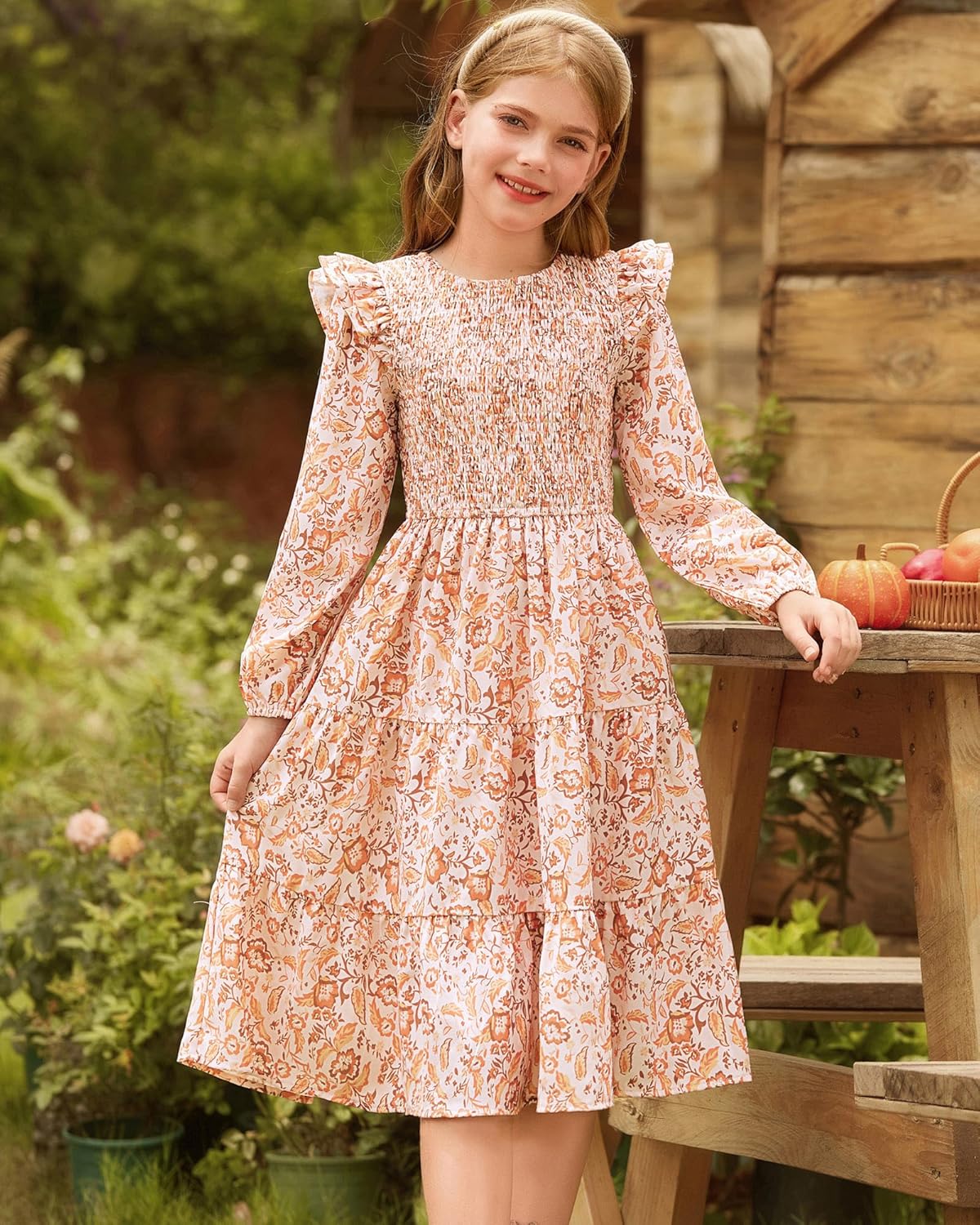 GRACE KARIN Girls Long Sleeve Fall Floral Dress Ruffle Round Neck Smocked Layered Hem - Image 6