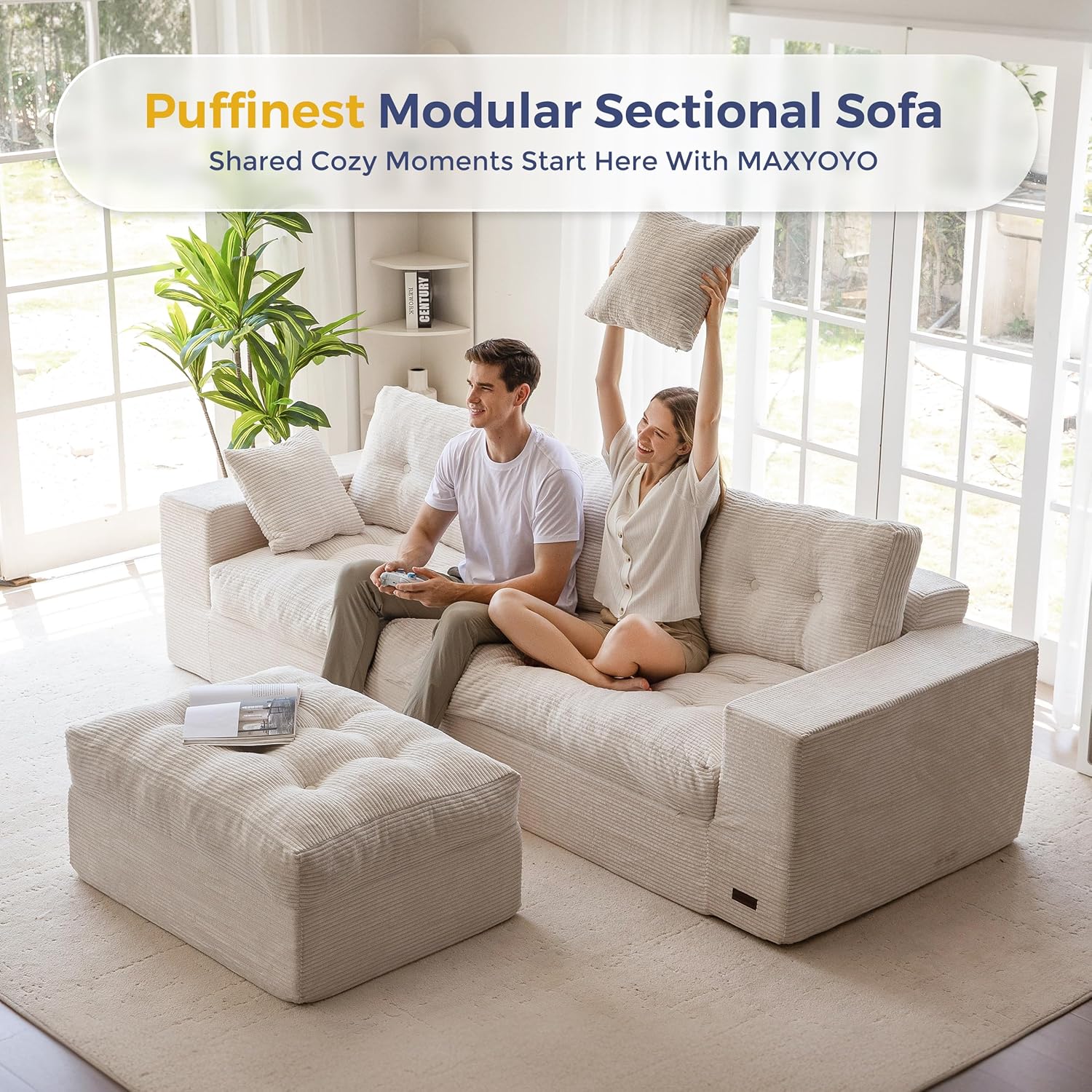 MAXYOYO 104" L Shaped Modular Sectional Sofa with Ottoman, Cloud Boneless Couch with Layered Cushion, Upholstered Sofa in a Box, Flexible Module Combination for Living Room, No Assembly, Beige - Image 3