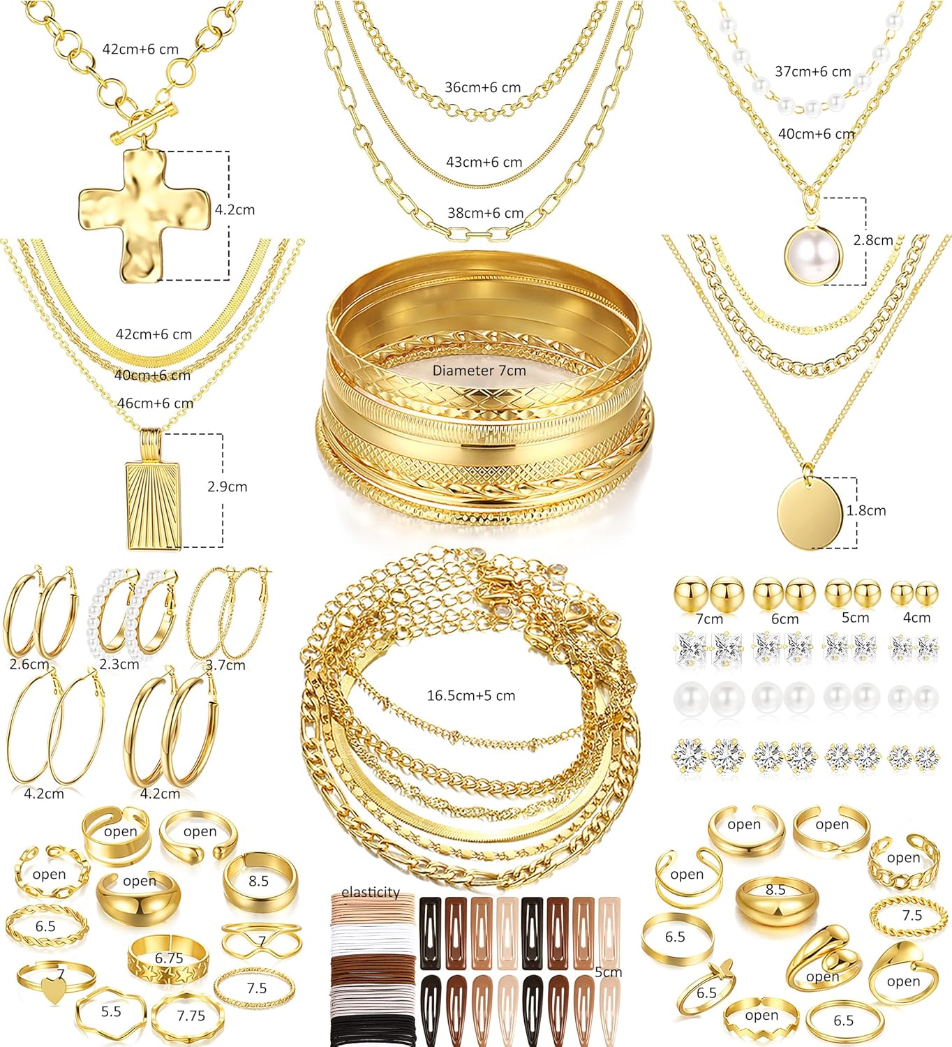 FANDY 137 Pieces Gold Jewelry Set for Women, 12 Necklace, 14 Bracelet, 21 Earrings, 24 Knuckle Rings, 66 Hair Accessory Gold Plated Jewelry Set for Women Gift - Image 8