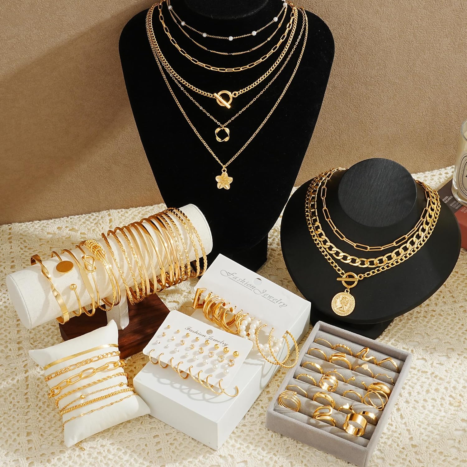 17 MILE 78 Pieces Gold Jewelry Set for Women, 9 Necklace, 24 Bracelet, 22 Earrings, 23 Knuckle Rings Gold Plated Jewerly set for Women Gift - Image 7