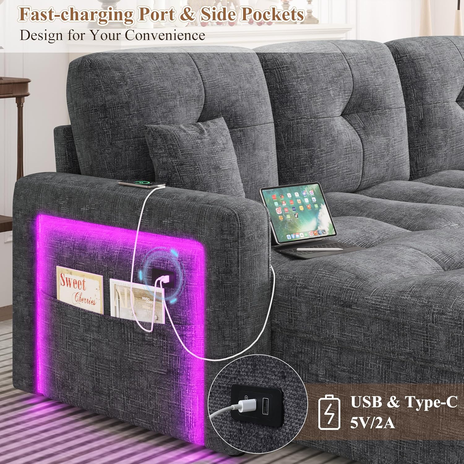 HIFIT 107'' LED Sectional Sleeper Sofa with Pull Out Couch Bed, Convertible U Shaped Couch with Storage Chaise, Adjustable Backrest & USB, Modern Chenille Home Sofa Living Room Furniture Set, Grey - Image 4